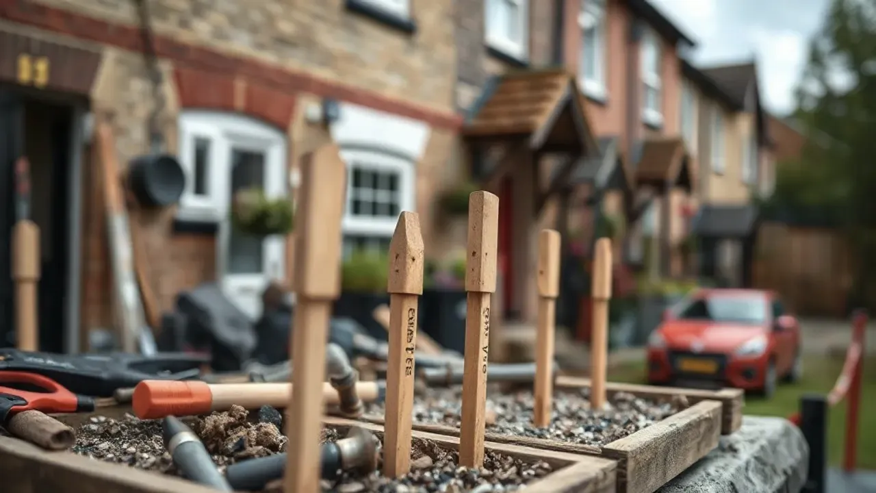 Tools and site markers used in Gloucester terraced-house maintenance