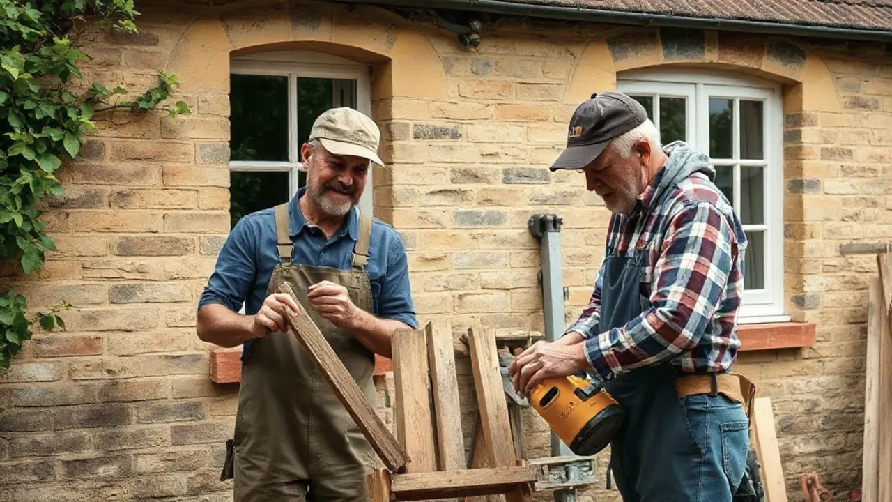 Two professionals working on Winchcombe listed-cottage maintenance near Cheltenham